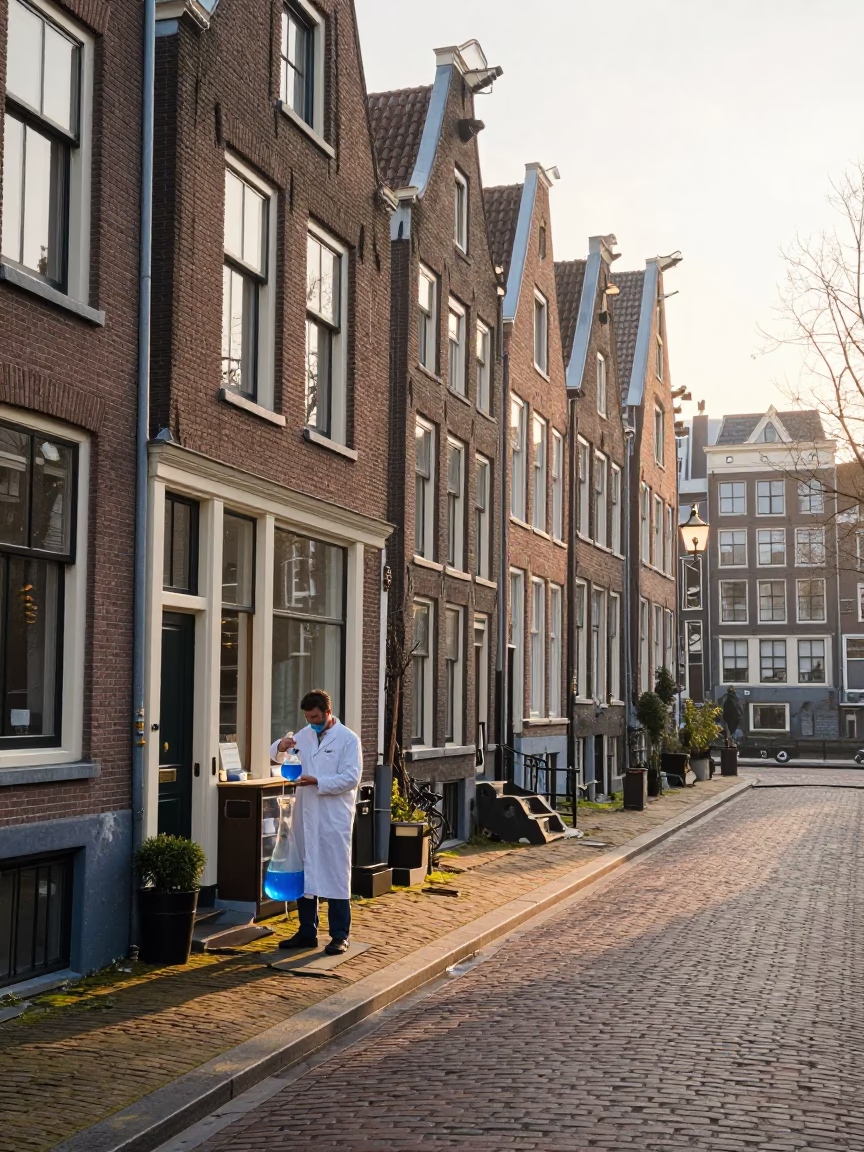 Amsterdam Sunrise Street Scene with Cobalt Liquid and Weathered Wooden Stool in in Amsterdam, Netherlands