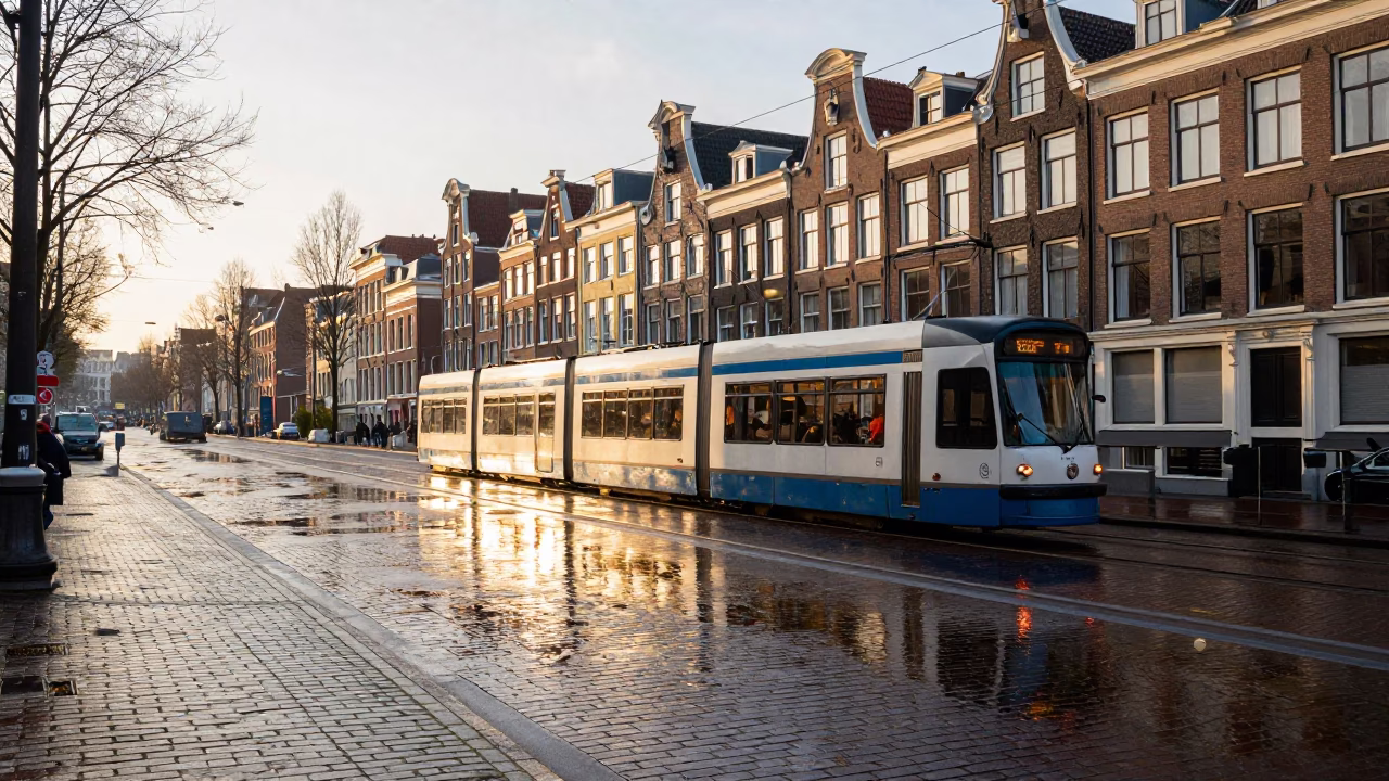 Amsterdam Sunrise Street Scene with Tram and Canal Reflections in in Amsterdam, Netherlands