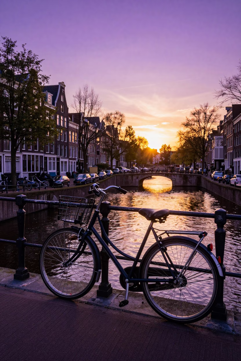 Amsterdam Sunset Bicycle Traffic on Canal Bridge with Violet Sky in in Amsterdam, Netherlands