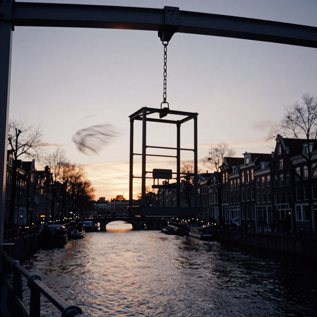 Amsterdam Sunset Bridge Maintenance Cage Swinging in Wind Over Canal in in Amsterdam, Netherlands