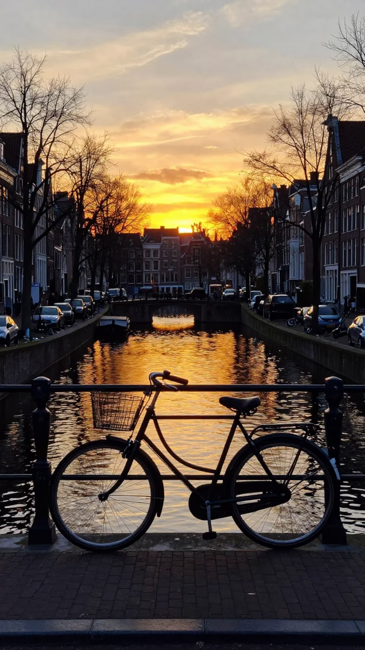 Amsterdam Sunset Canal Reflections with Vintage Bicycle and Cobblestone Path in in Amsterdam, Netherlands