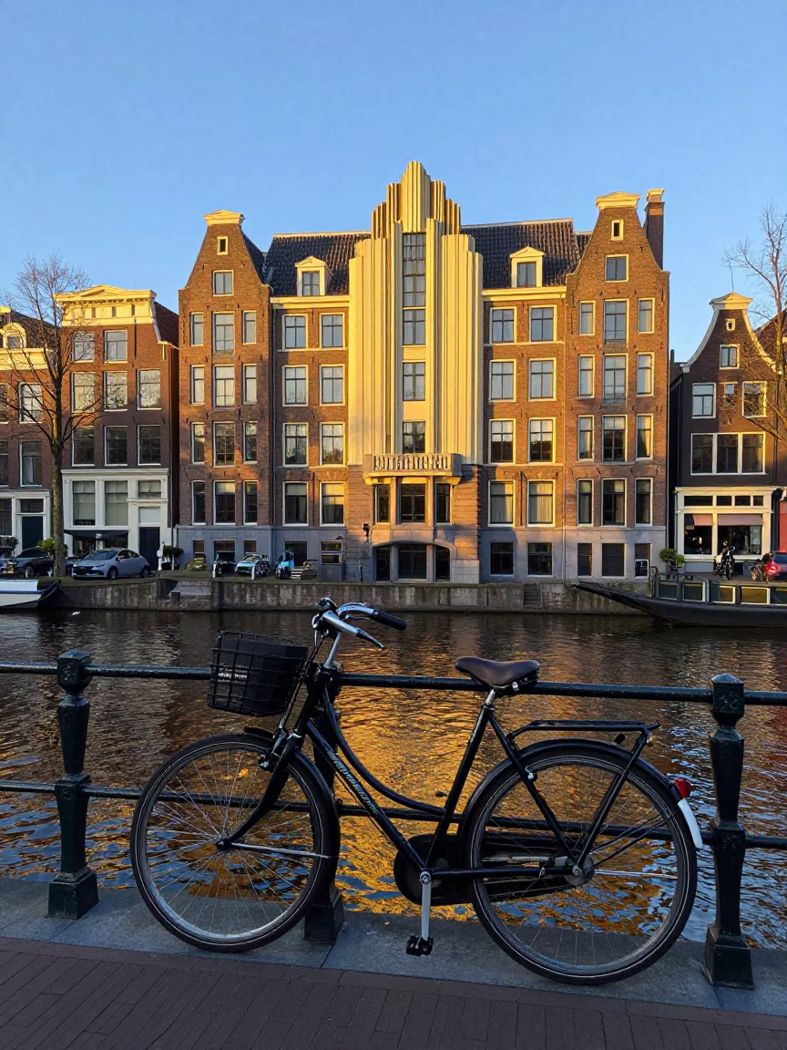 Amsterdam Sunset Canal Scene with Art Deco Hotel Facade and Classic Bicycle in in Amsterdam, Netherlands