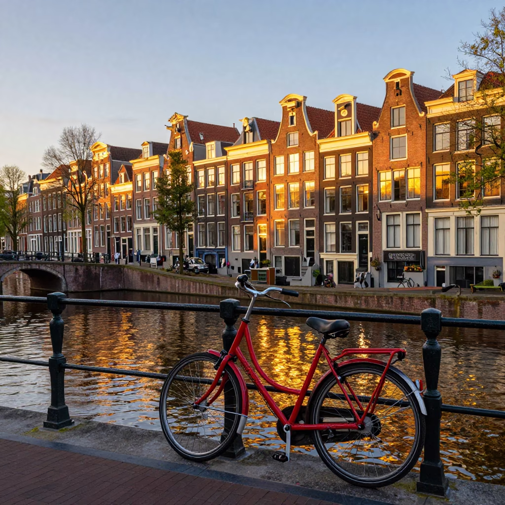 Amsterdam Sunset Canal Scene with Bicycle and Bridge Reflections in Netherlands in in Amsterdam, Netherlands