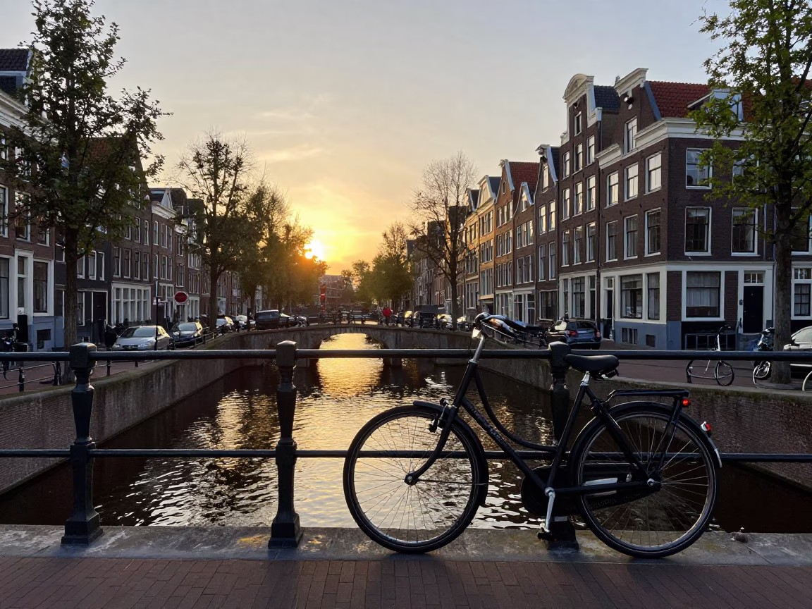 Amsterdam Sunset Canal Scene with Bicycle and Bridge in in Amsterdam, Netherlands