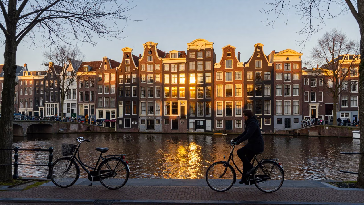 Amsterdam sunset canal scene with bicycle and historic architecture in in Amsterdam, Netherlands