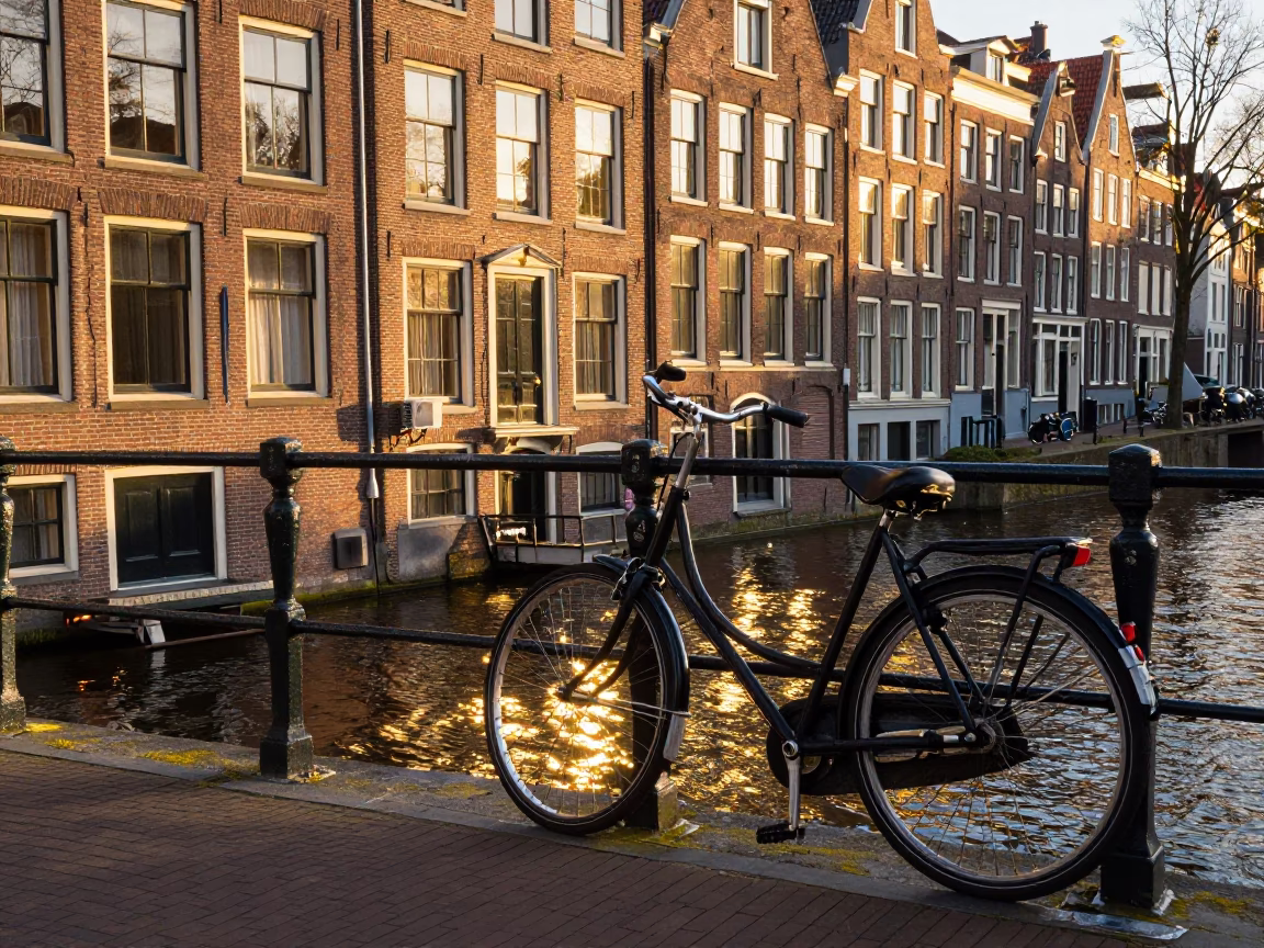 Amsterdam Sunset Canal Scene with Bicycle and Traditional Brick Architecture in in Amsterdam, Netherlands