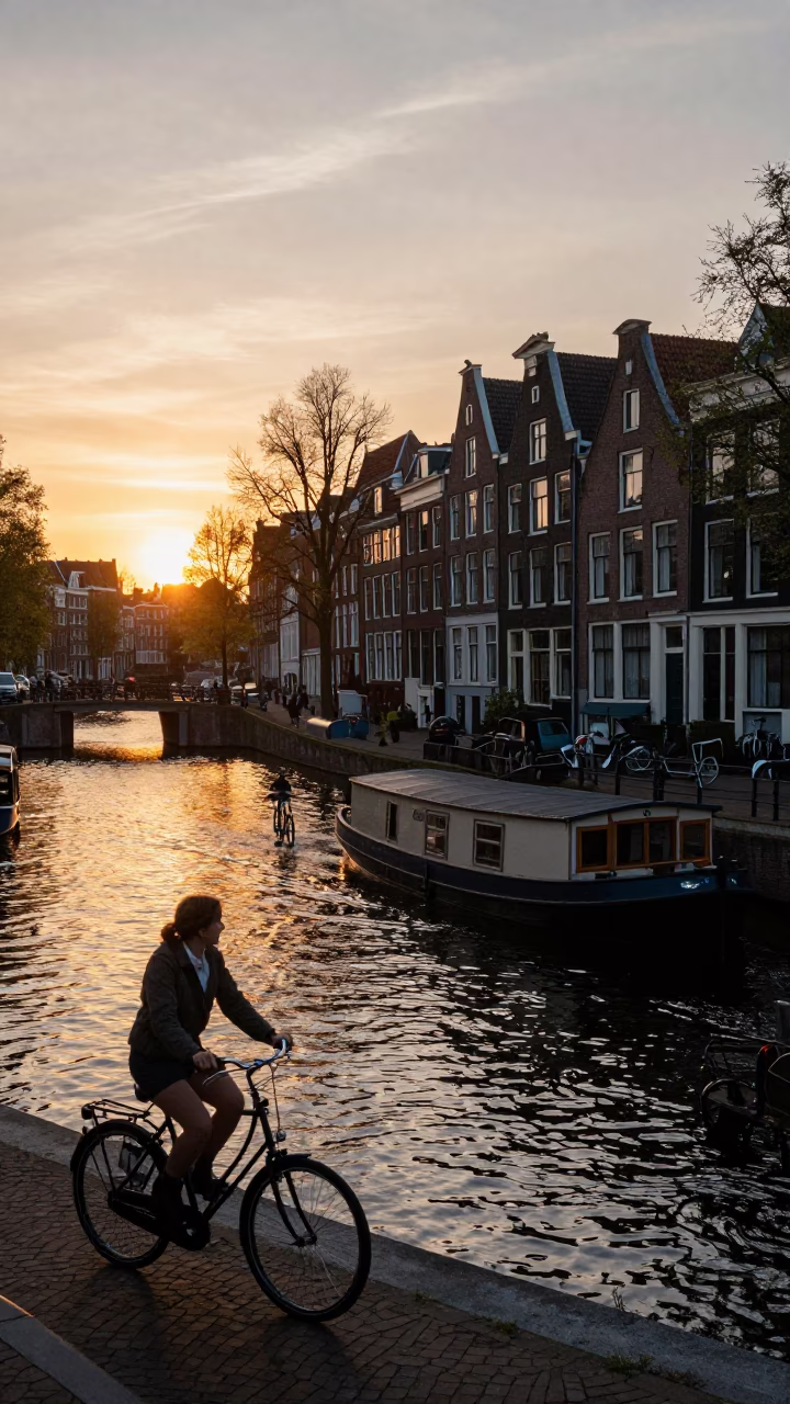 Amsterdam Sunset Canal Scene with Bicycle and Traditional Dutch Architecture in in Amsterdam, Netherlands