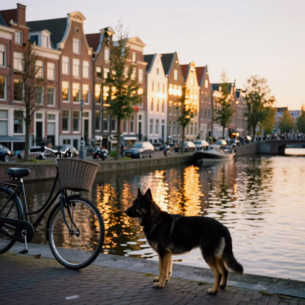 Amsterdam Sunset Canal Scene with Bicycle Basket and Dog in in Amsterdam, Netherlands