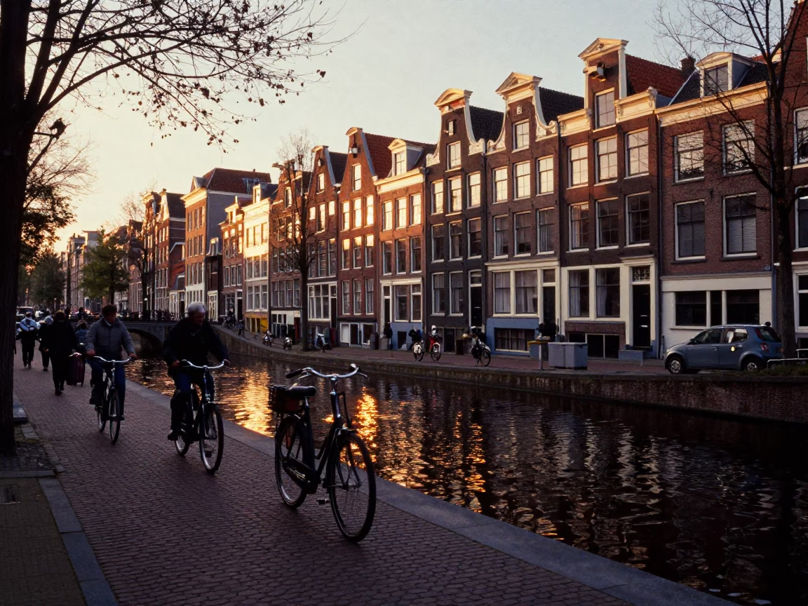 Amsterdam sunset canal scene with bicycle traffic and historic gabled houses in in Amsterdam, Netherlands