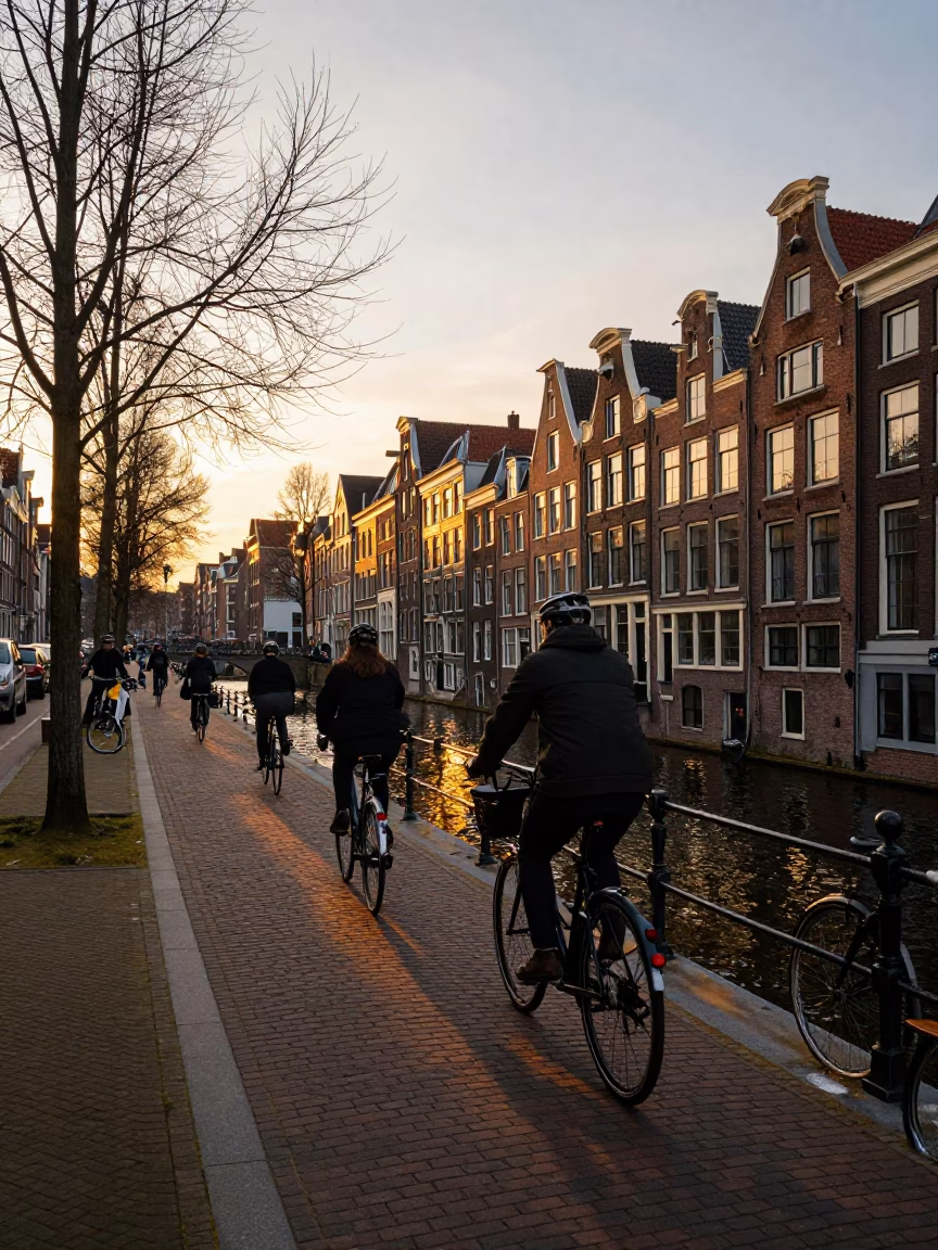 Amsterdam Sunset Canal Scene with Cyclists and Brick Architecture in in Amsterdam, Netherlands