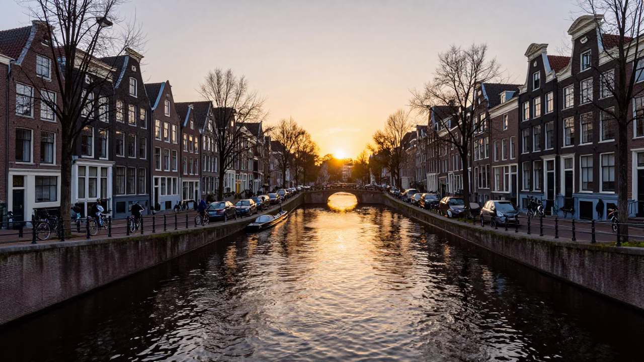 Amsterdam Sunset Canal Scene with Cyclists and Traditional Dutch Architecture in in Amsterdam, Netherlands