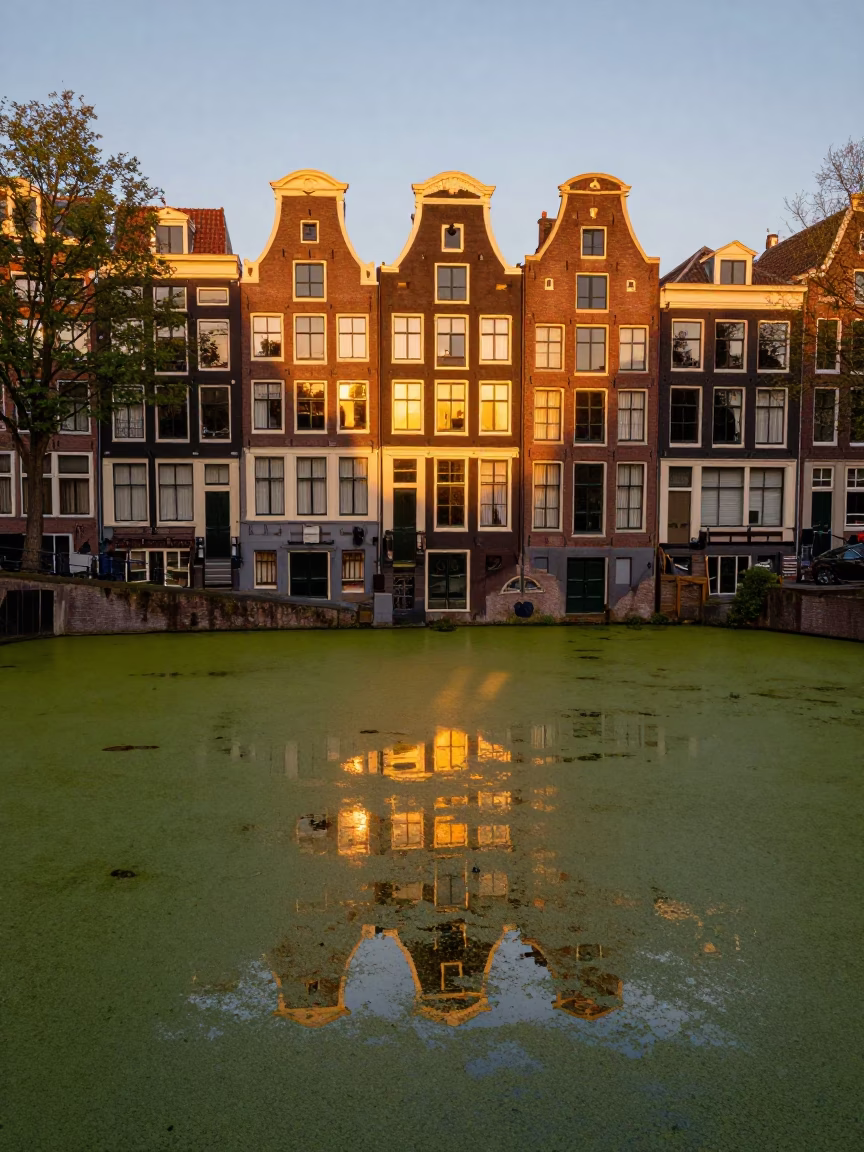 Amsterdam Sunset Canal Scene with Duckweed Covered Water and Traditional Dutch Architecture in in Amsterdam, Netherlands