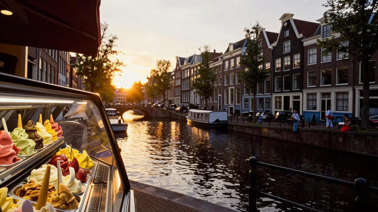 Amsterdam Sunset Canal Scene with Gelato Display and Fashionable Pedestrians in in Amsterdam, Netherlands