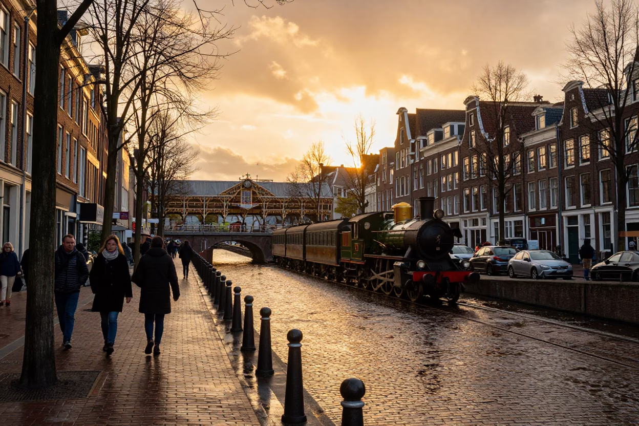 Amsterdam Sunset Canal Scene with Heritage Steam Train and Vintage Sports Car in in Amsterdam, Netherlands