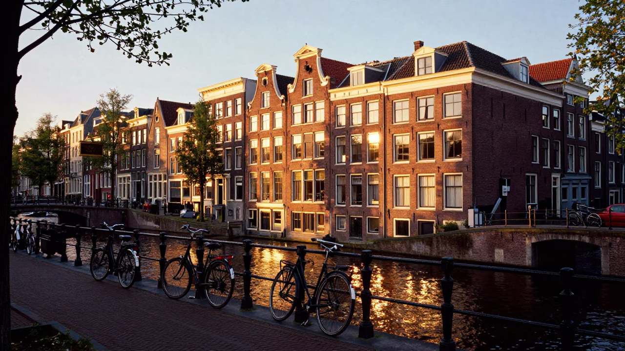 Amsterdam Sunset Canal Scene with Historic Brick Buildings and Bicycles in in Amsterdam, Netherlands