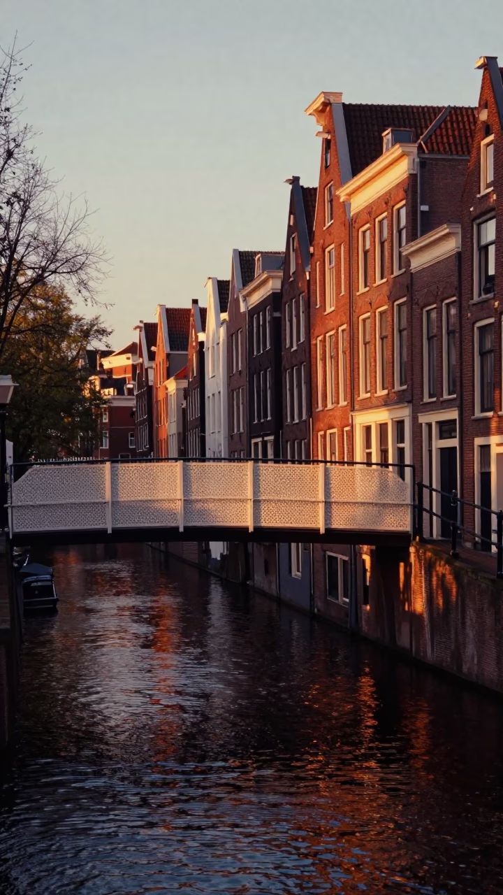 Amsterdam Sunset Canal Scene with Perforated Metal Pedestrian Overpass and Wet Footsteps in in Amsterdam, Netherlands