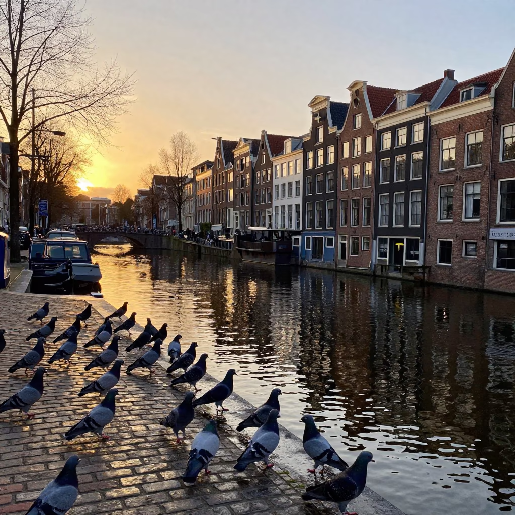 Amsterdam Sunset Canal Scene with Pigeons and Brick Architecture in in Amsterdam, Netherlands