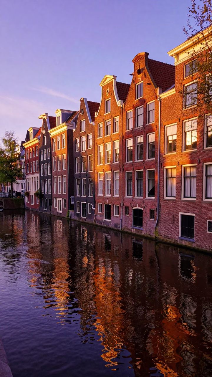 Amsterdam Sunset Canal Scene with Red Brick Houses and Colorful Boats in in Amsterdam, Netherlands