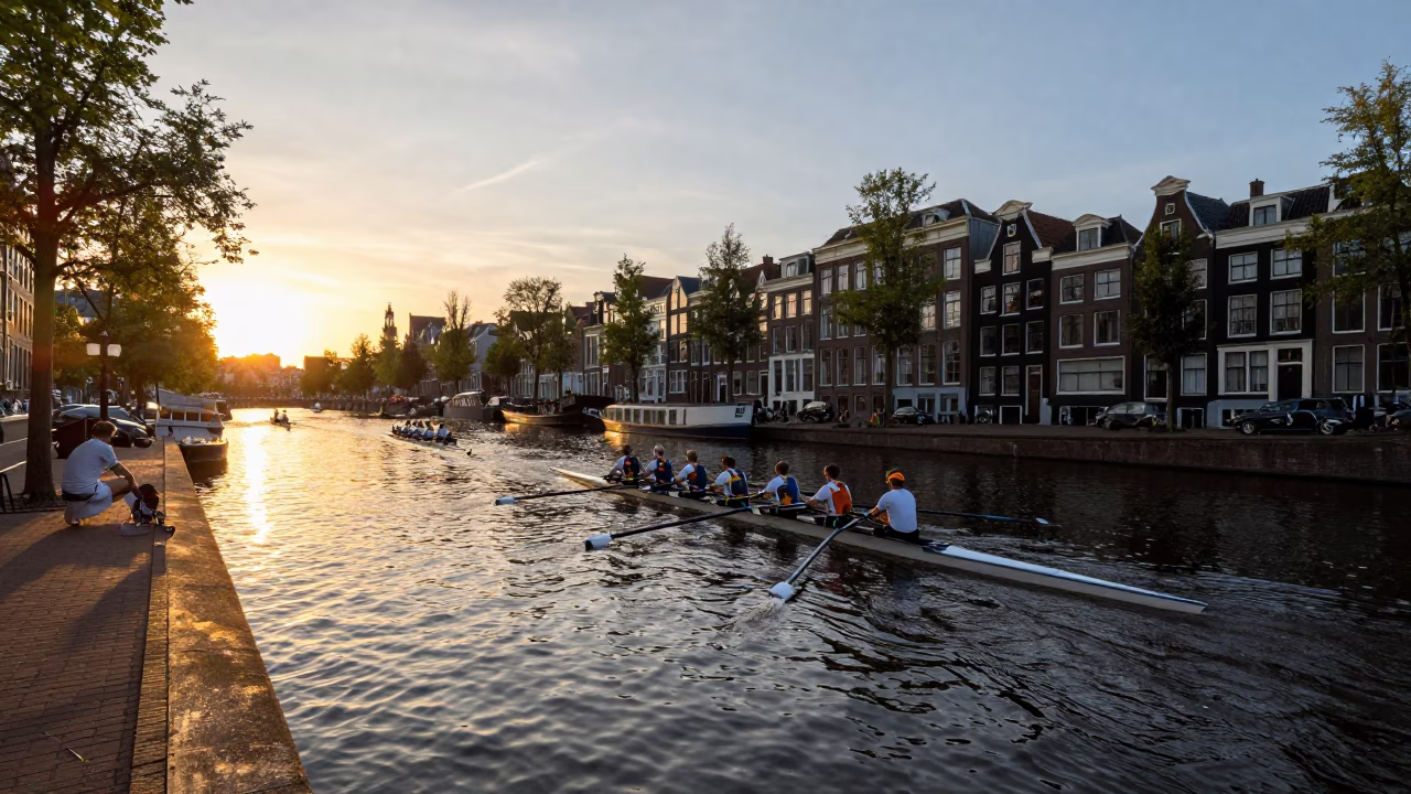 Amsterdam Sunset Canal Scene with Rowing Crew and Historic Brick Architecture in in Amsterdam, Netherlands