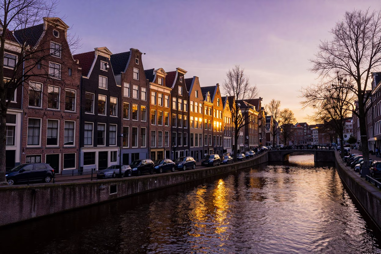 Amsterdam Sunset Canal Scene With Traditional Brick Architecture And Cyclists Passing Historic Drawbridge in in Amsterdam, Netherlands