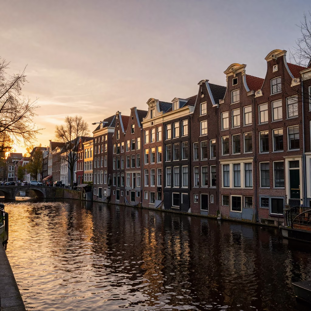 Amsterdam Sunset Canal Scene with Traditional Dutch Houses and Busy Waterway Traffic in in Amsterdam, Netherlands