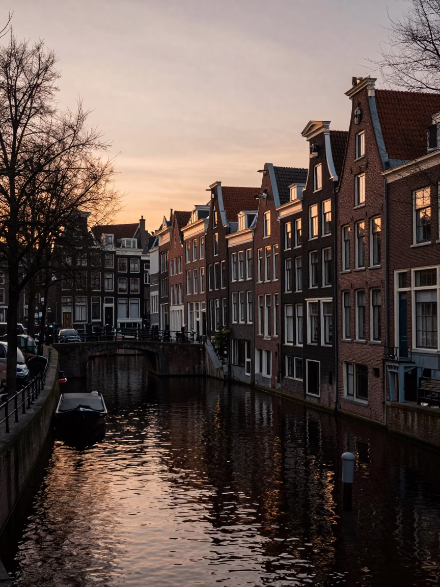 Amsterdam Sunset Canal Scene with Traditional House Facades and Water Reflections in in Amsterdam, Netherlands