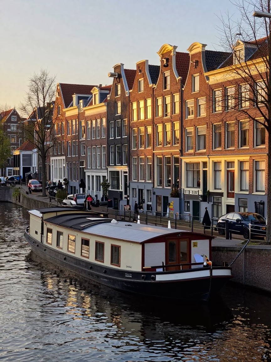 Amsterdam Sunset Canal Scene with Traditional Houseboats and Brick Architecture in in Amsterdam, Netherlands