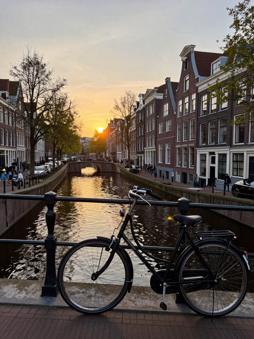 Amsterdam Sunset Canal Scene with Vintage Bicycle and Polished Brass Fittings in in Amsterdam, Netherlands