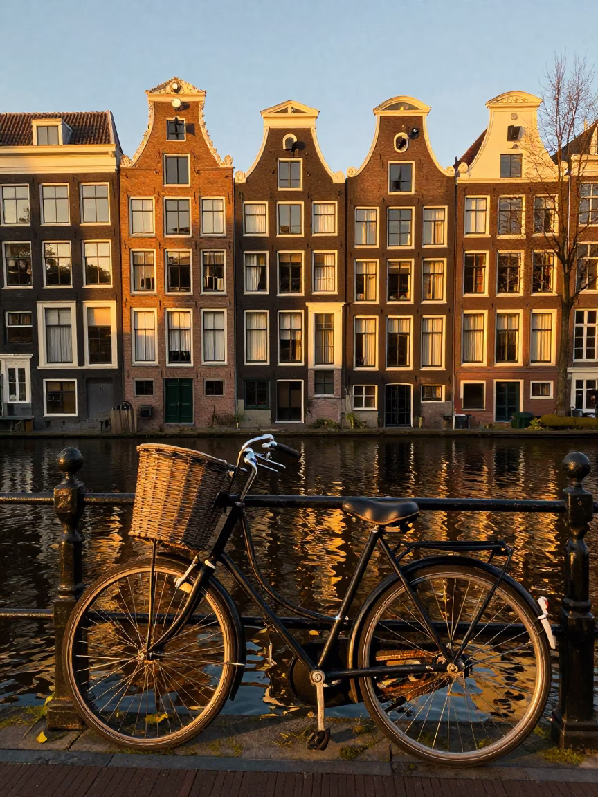 Amsterdam Sunset Canal Scene with Vintage Bicycle and Traditional Architecture in in Amsterdam, Netherlands