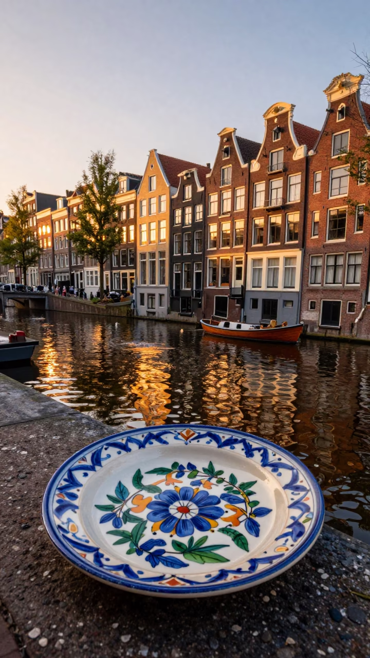 Amsterdam Sunset Canal Scene with Vintage Majolica Plate and Canal House Architecture in in Amsterdam, Netherlands