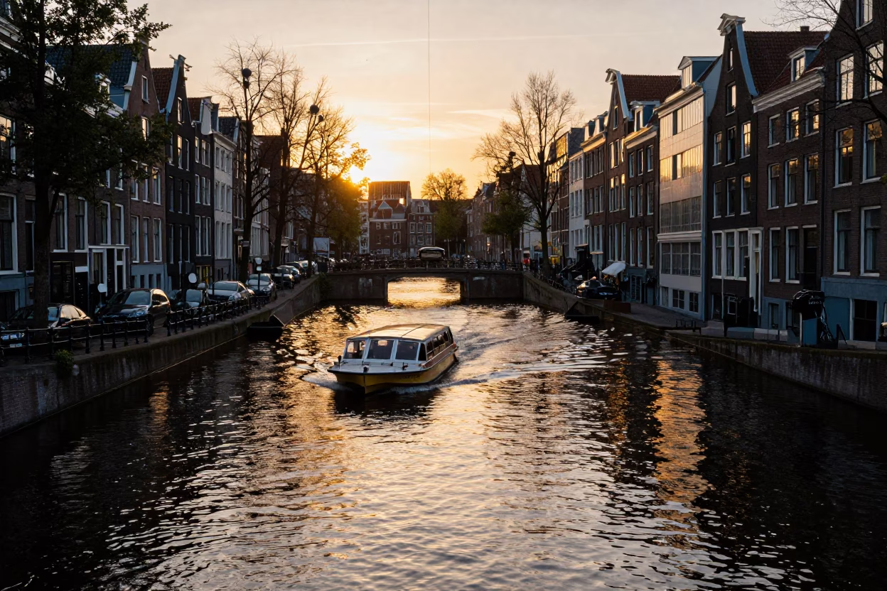 Amsterdam Sunset Canal Scene With Water Taxi Zigzagging Between Traditional Houseboats in in Amsterdam, Netherlands