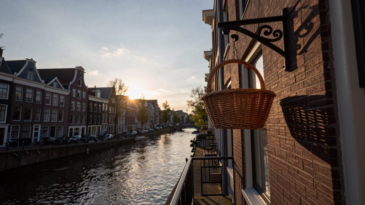 Amsterdam Sunset Canal Scene with Wicker Shadow on Shelf Bracket in in Amsterdam, Netherlands