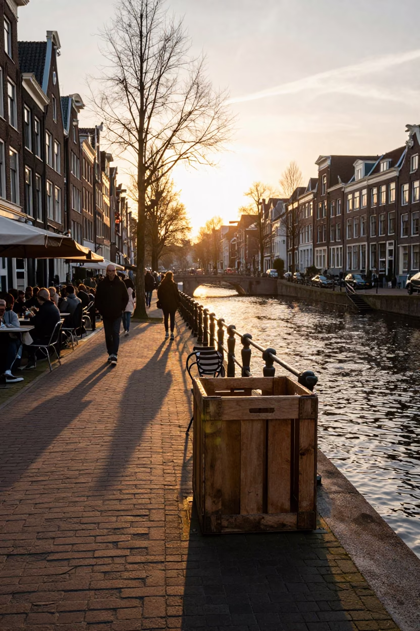 Amsterdam Sunset Canal Street Scene with Wooden Crate and Porcelain Plate in in Amsterdam, Netherlands