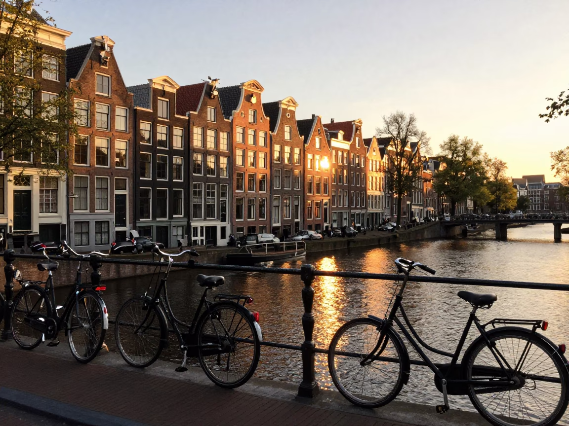 Amsterdam sunset canal view with bicycles and historic Dutch architecture in in Amsterdam, Netherlands