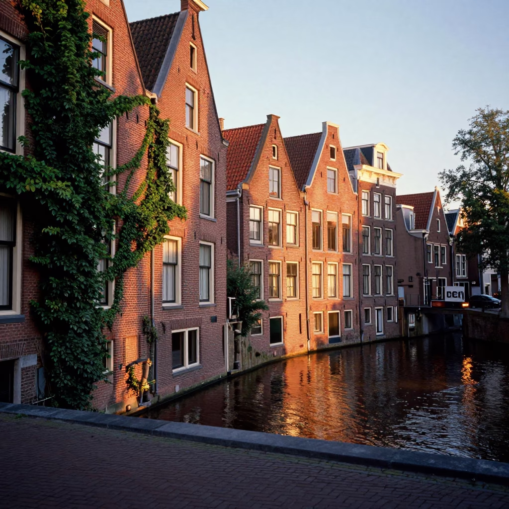Amsterdam Sunset Canal View with Brick Architecture and Ivy in in Amsterdam, Netherlands
