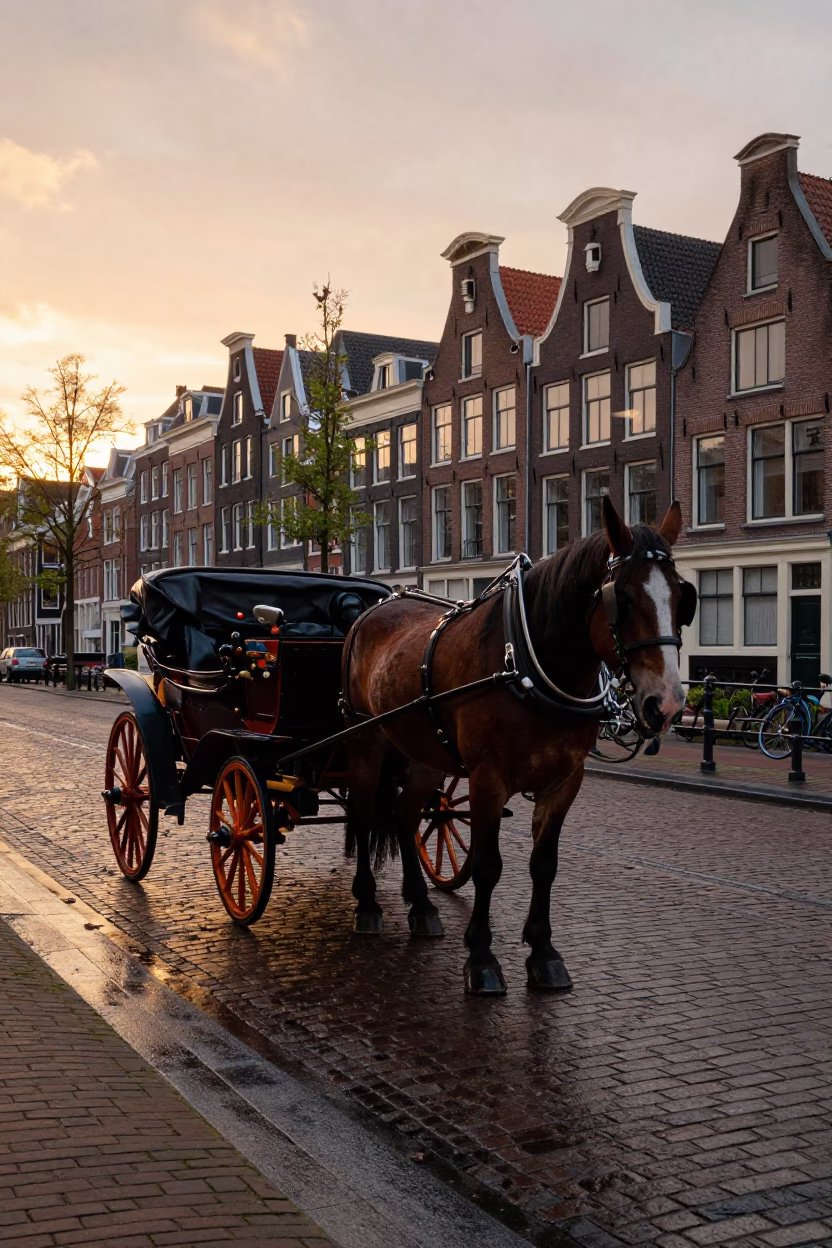 Amsterdam Sunset Cobblestone Street with Horse Drawn Cart and Traditional Dutch Architecture in in Amsterdam, Netherlands