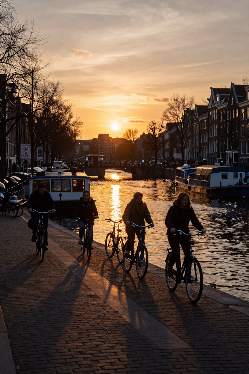 Amsterdam Sunset Ferry Dock Loading Passengers Bicycles Canal Reflections in in Amsterdam, Netherlands