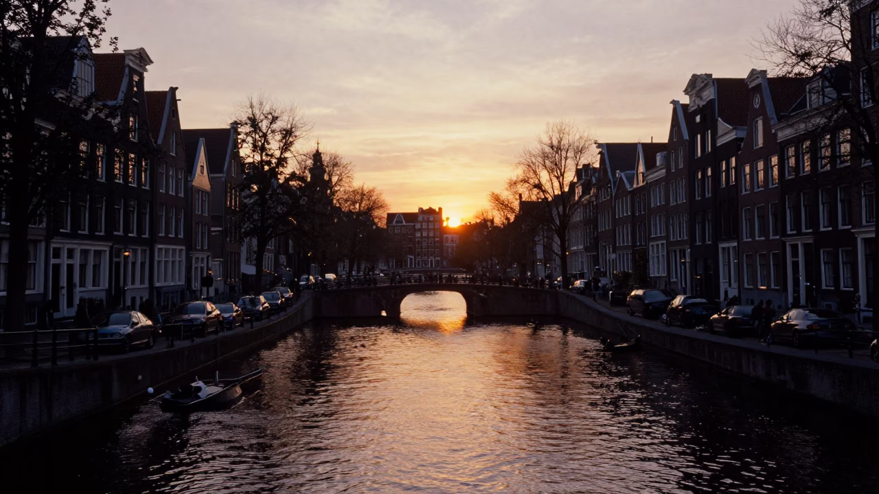 Amsterdam Sunset Horizon View of Canals and Historic Gabled Houses in Netherlands in in Amsterdam, Netherlands