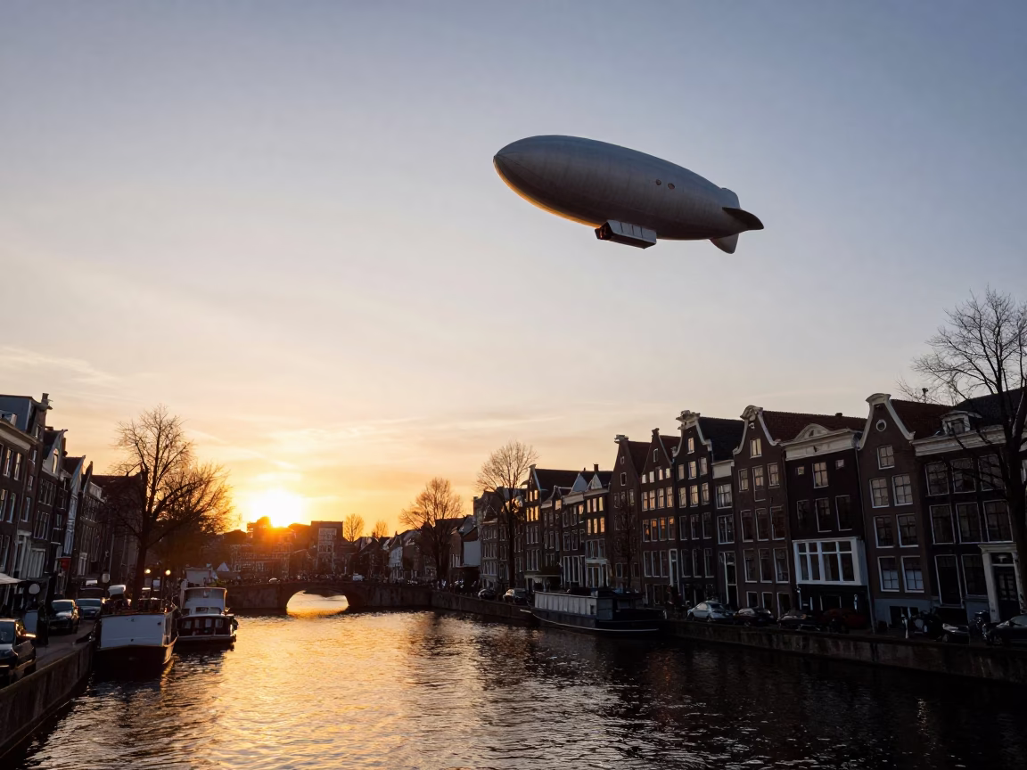 Amsterdam Sunset Scene with Zeppelin Shadow Over River and Traditional Brick Architecture in in Amsterdam, Netherlands