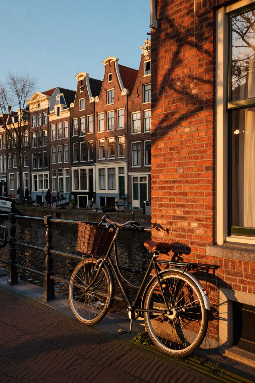 Amsterdam Sunset Street Scene Vintage Bicycle Parked Near Canal House Brick Facade in in Amsterdam, Netherlands