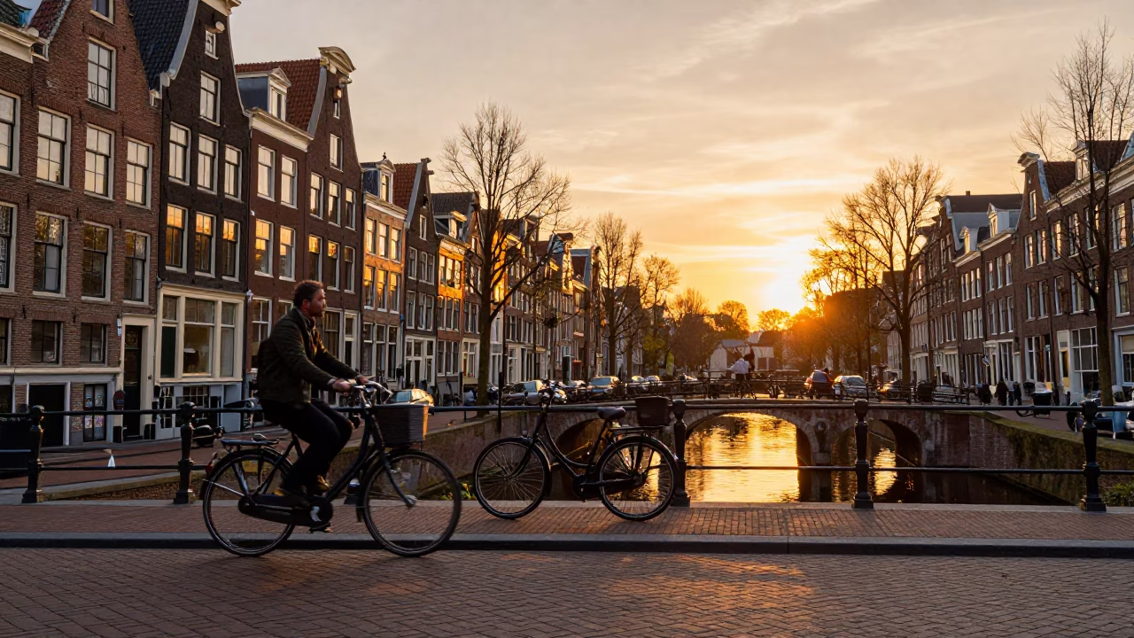 Amsterdam Sunset Street Scene with Bicycle and Canal Reflections in in Amsterdam, Netherlands