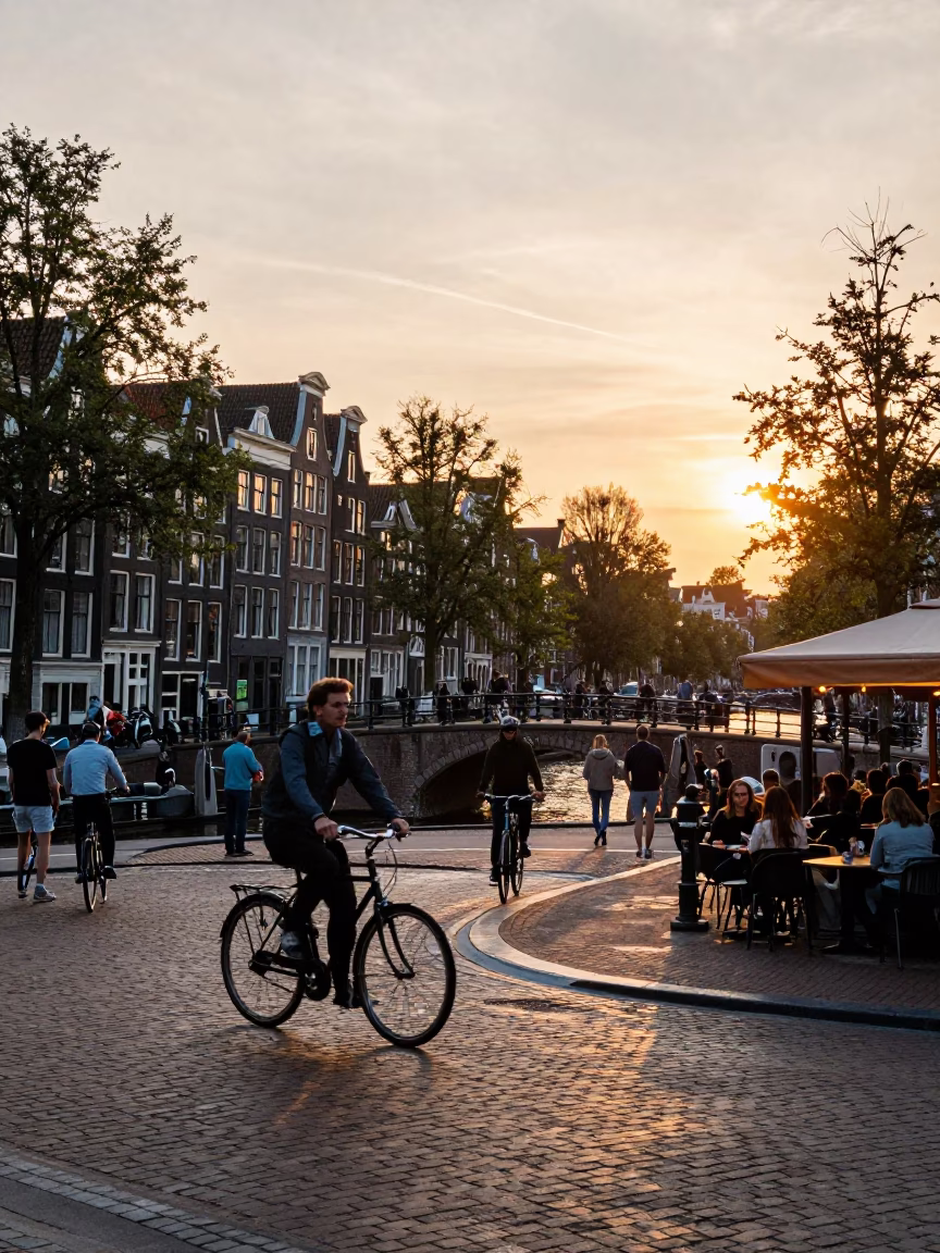 Amsterdam sunset street scene with canal bridge and traditional Dutch architecture in in Amsterdam, Netherlands