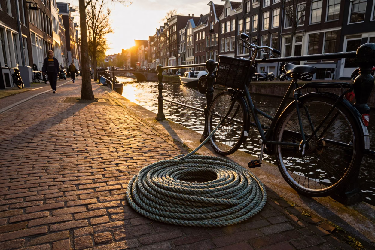 Amsterdam Sunset Street Scene with Coiled Rope and Bicycle Wheels in Netherlands in in Amsterdam, Netherlands