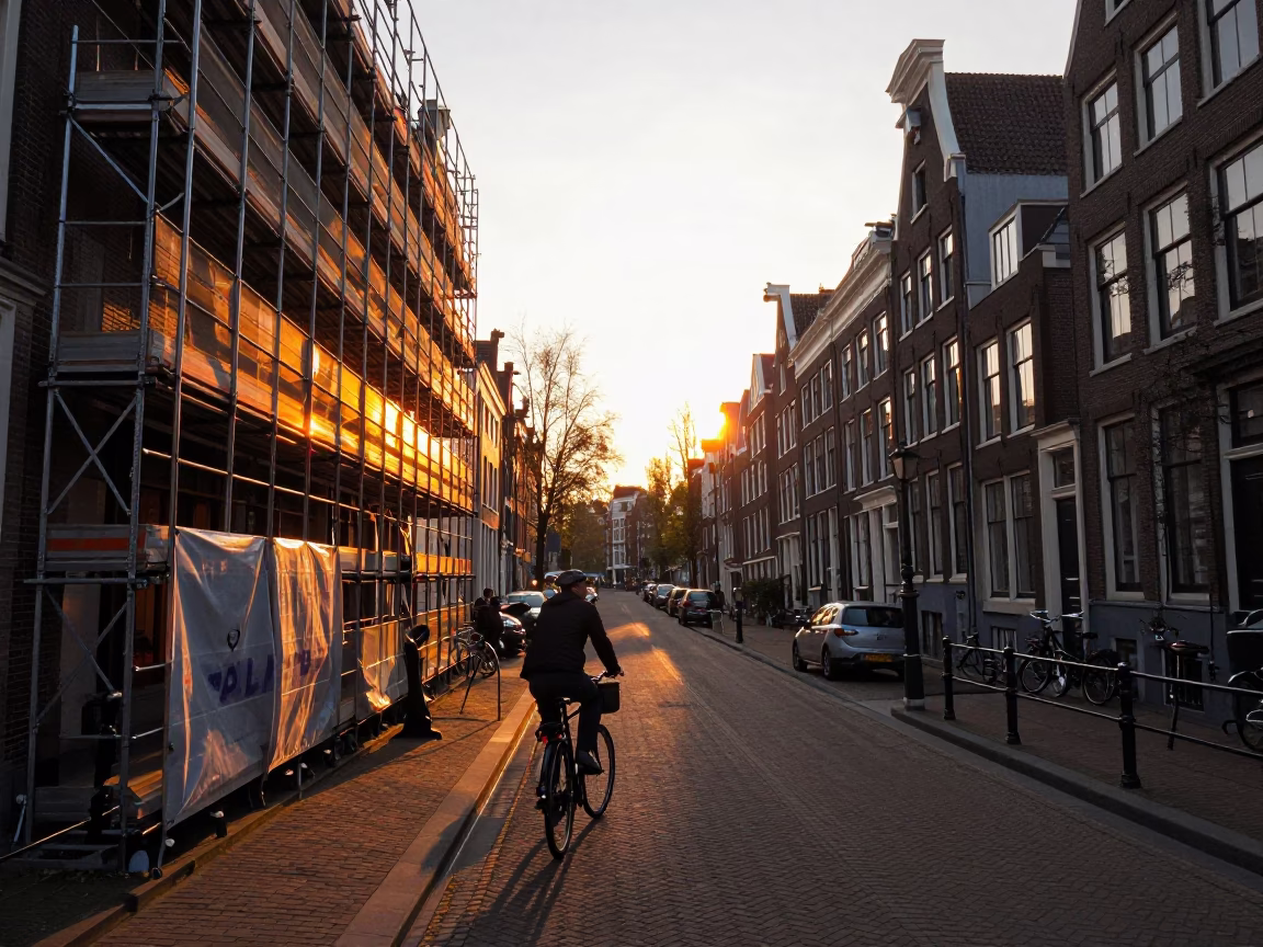 Amsterdam Sunset Street Scene with Construction Scaffold and Cyclist in in Amsterdam, Netherlands