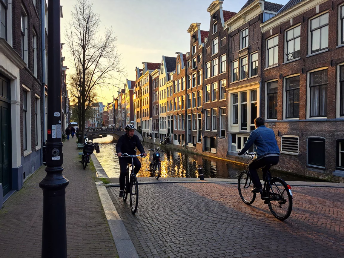 Amsterdam Sunset Street Scene with Cyclists and Canal Reflections in in Amsterdam, Netherlands