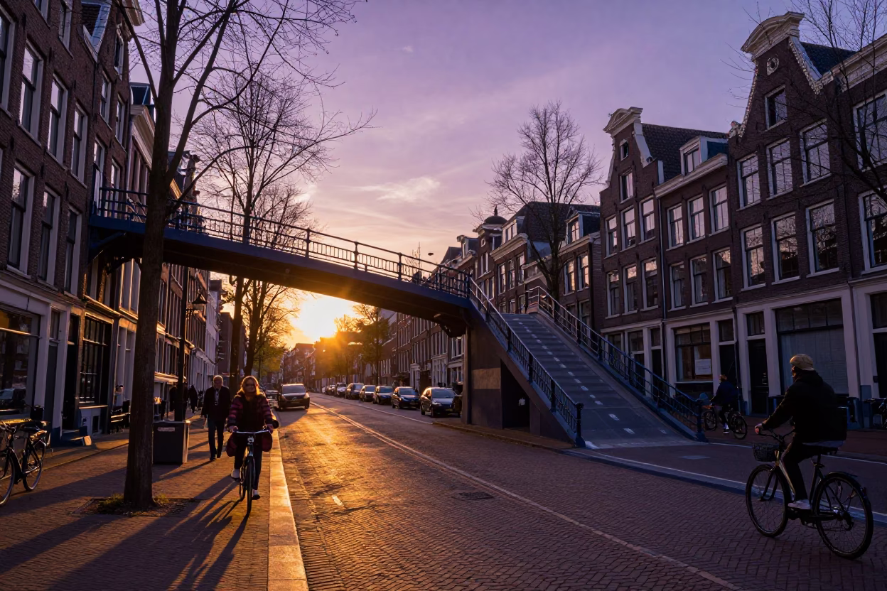 Amsterdam Sunset Street Scene with Overpass Ramp and Cycling Traffic in in Amsterdam, Netherlands