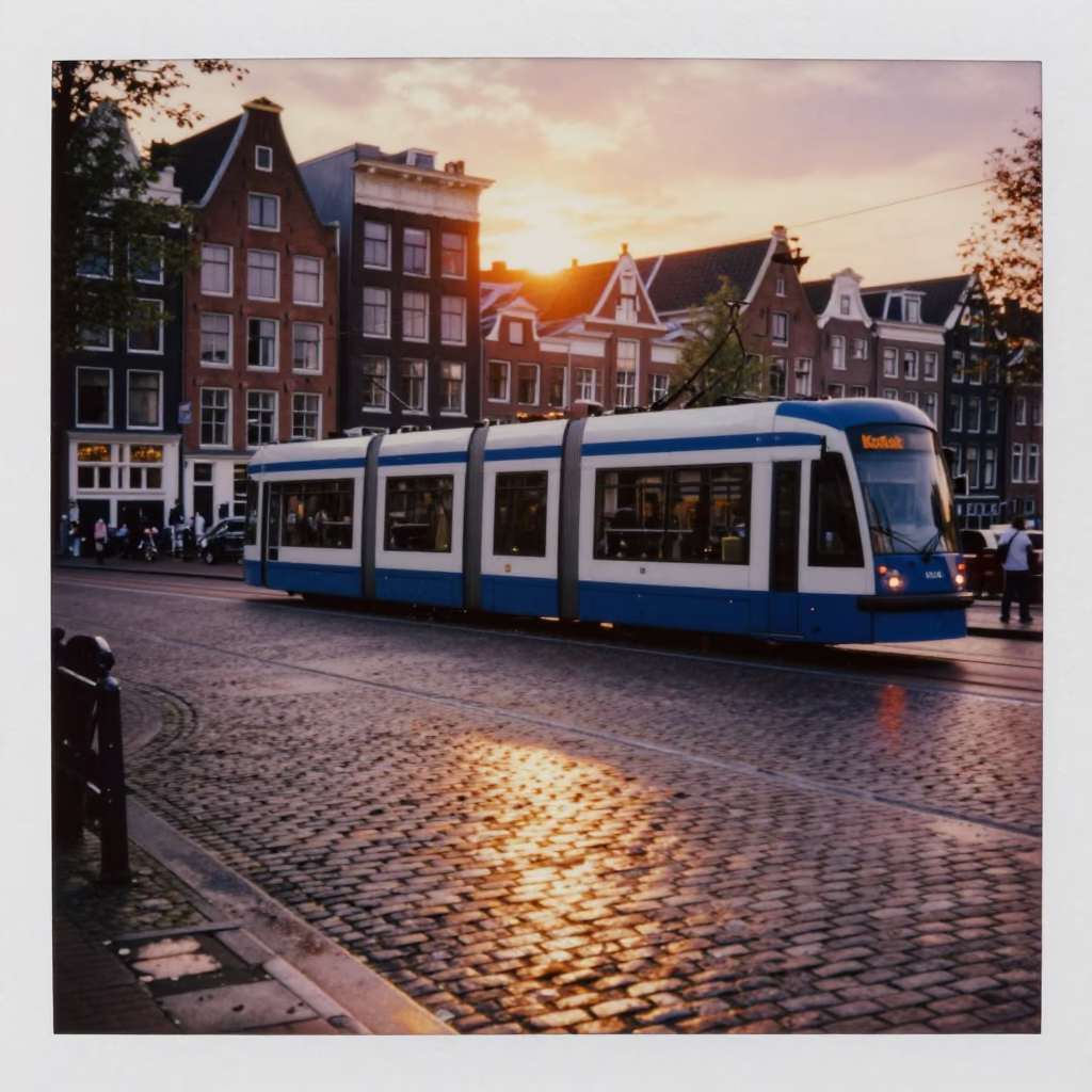 Amsterdam Sunset Tram Reflection on Wet Cobblestones Near Historic Canals in in Amsterdam, Netherlands