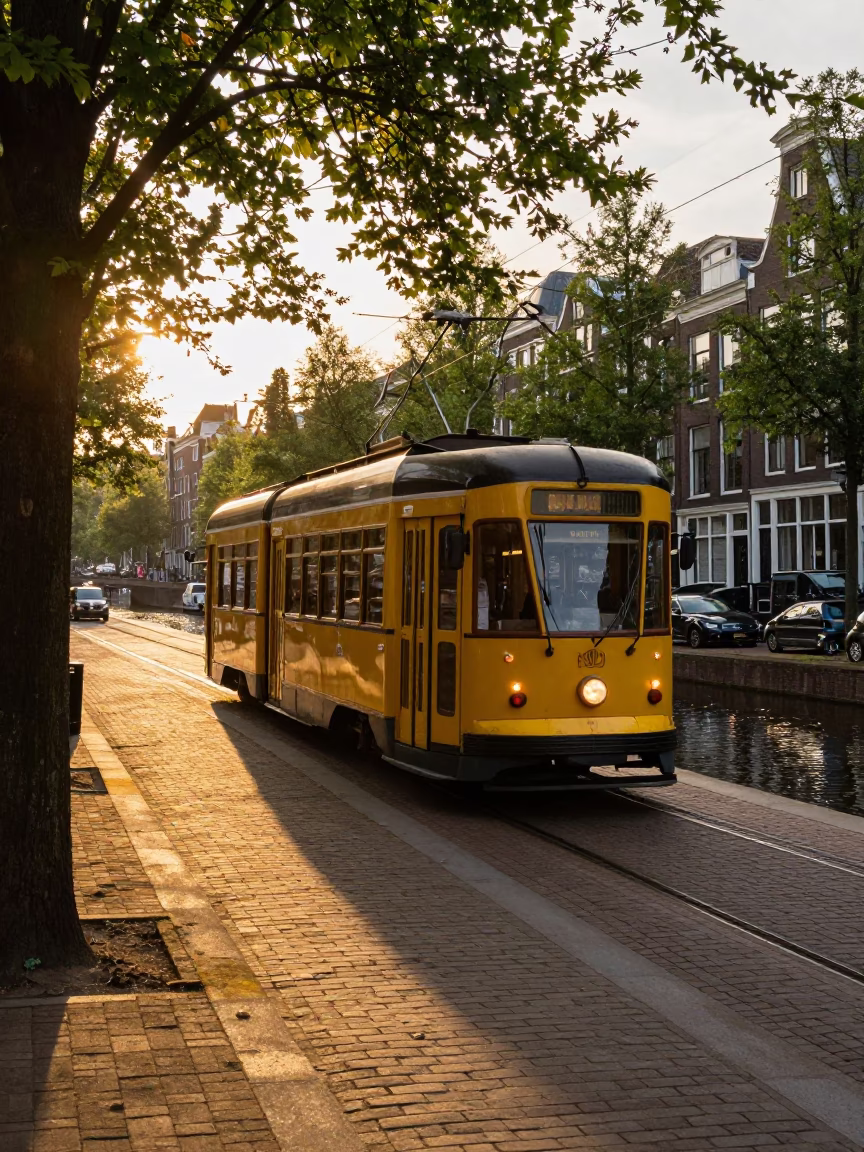 Amsterdam Sunset Tramcar on Tree-Lined Boulevard with Leaf Shadows in in Amsterdam, Netherlands