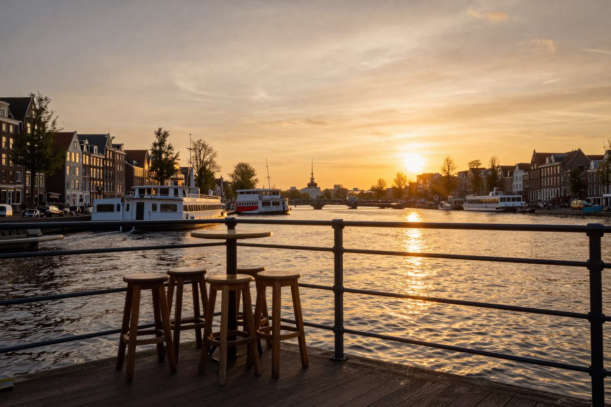 Amsterdam Sunset Water Taxi Dock Scene with Bar Stools and Rust Details in in Amsterdam, Netherlands