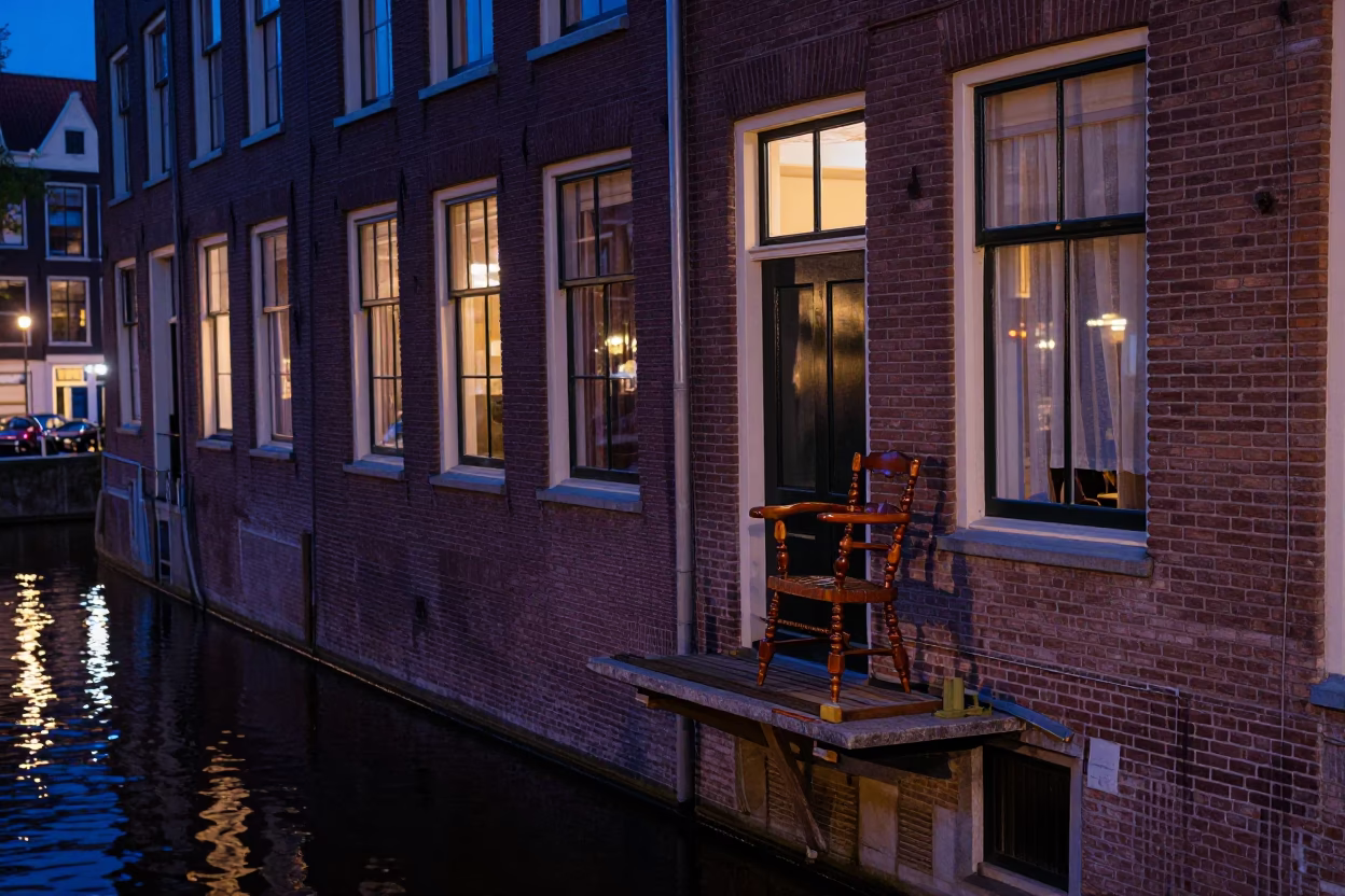 Amsterdam Twilight Canal Scene with Traditional Spindle Chair and Bougainvillea in in Amsterdam, Netherlands